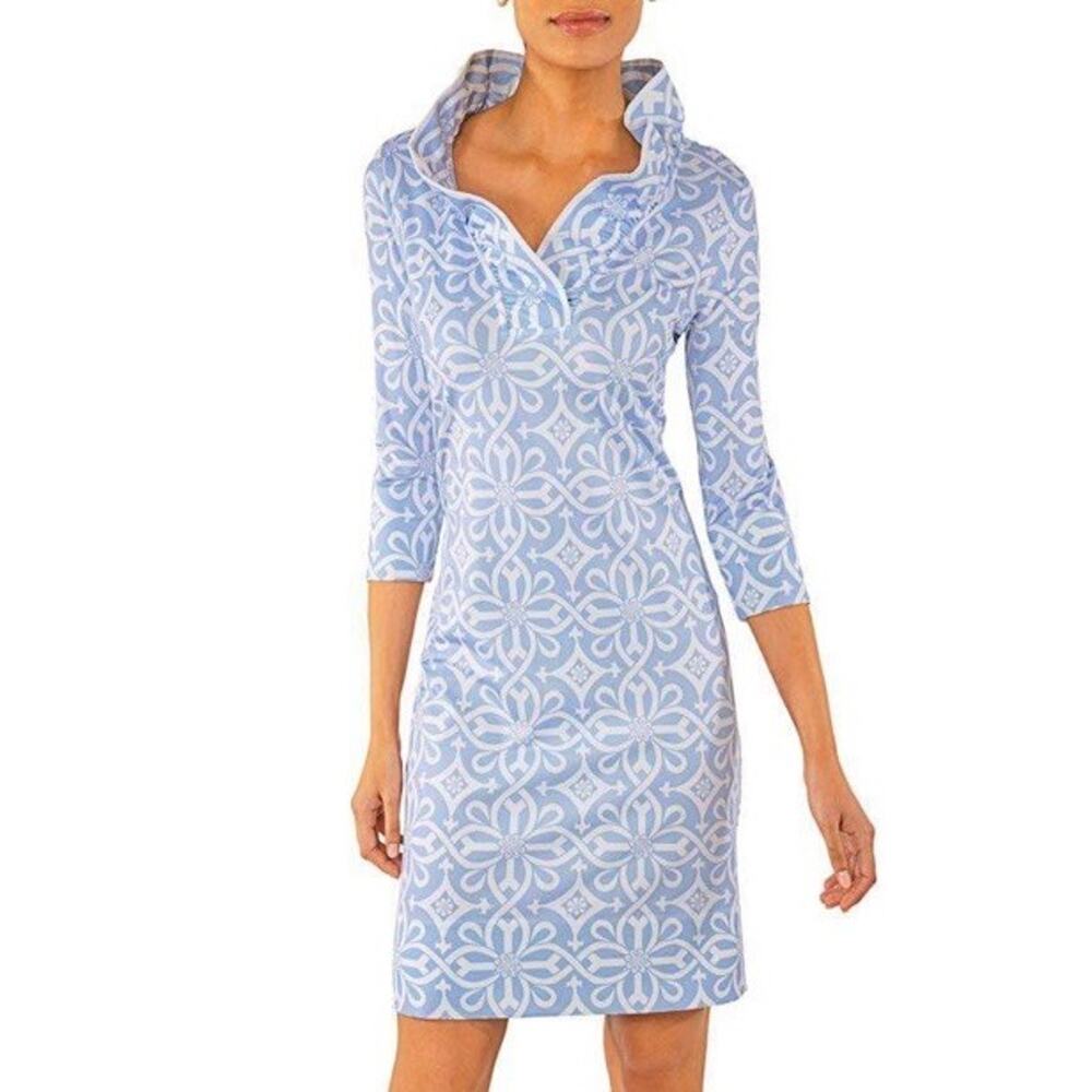 Gretchen Scott Designs Light Blue and White Printed Midi Dress